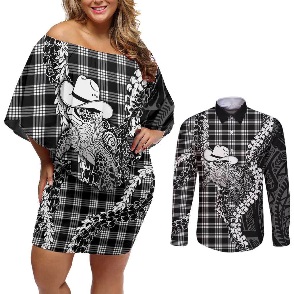 Black Hawaii Palaka Cowboy Turtle Couples Matching Off Shoulder Short Dress and Long Sleeve Button Shirt Hawaiian Paniolo Puakenikeni Maile Lei DT05 Black - Polynesian Pride