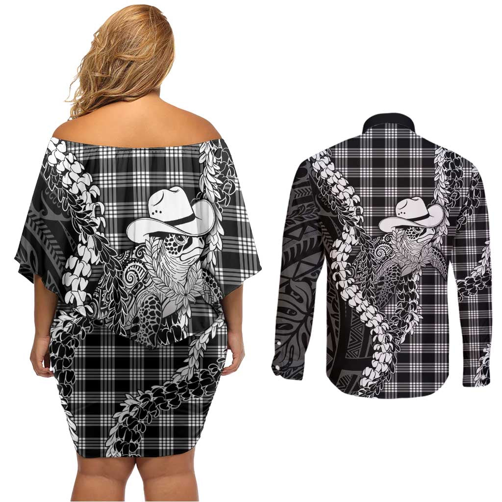 Black Hawaii Palaka Cowboy Turtle Couples Matching Off Shoulder Short Dress and Long Sleeve Button Shirt Hawaiian Paniolo Puakenikeni Maile Lei DT05 - Polynesian Pride