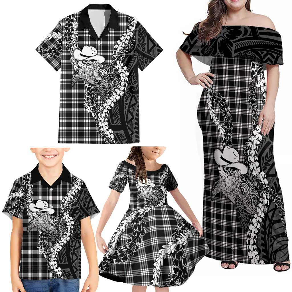 Black Hawaii Palaka Cowboy Turtle Family Matching Off Shoulder Maxi Dress and Hawaiian Shirt Hawaiian Paniolo Puakenikeni Maile Lei DT05 - Polynesian Pride