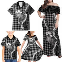 Black Hawaii Palaka Cowboy Turtle Family Matching Off Shoulder Maxi Dress and Hawaiian Shirt Hawaiian Paniolo Puakenikeni Maile Lei DT05 - Polynesian Pride