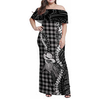 Black Hawaii Palaka Cowboy Turtle Family Matching Off Shoulder Maxi Dress and Hawaiian Shirt Hawaiian Paniolo Puakenikeni Maile Lei DT05 Mom's Dress Black - Polynesian Pride