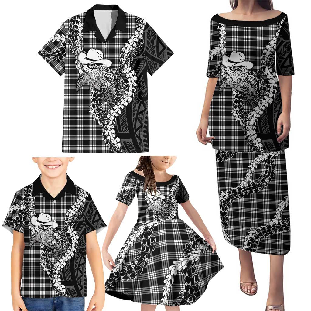 Black Hawaii Palaka Cowboy Turtle Family Matching Puletasi and Hawaiian Shirt Hawaiian Paniolo Puakenikeni Maile Lei DT05 - Polynesian Pride