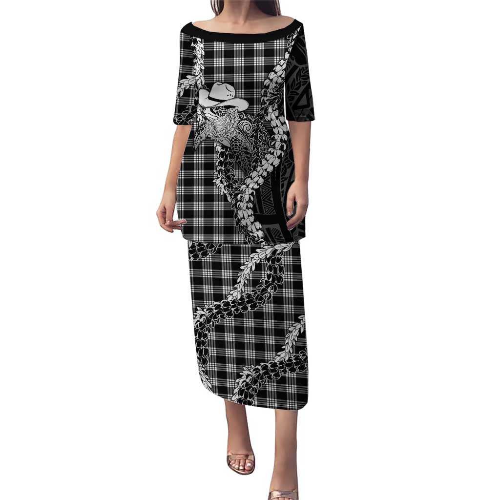 Black Hawaii Palaka Cowboy Turtle Family Matching Puletasi and Hawaiian Shirt Hawaiian Paniolo Puakenikeni Maile Lei DT05 Mom's Dress Black - Polynesian Pride