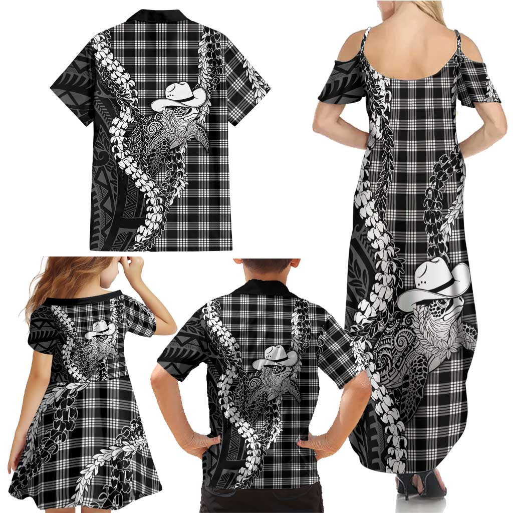 Black Hawaii Palaka Cowboy Turtle Family Matching Summer Maxi Dress and Hawaiian Shirt Hawaiian Paniolo Puakenikeni Maile Lei DT05 - Polynesian Pride