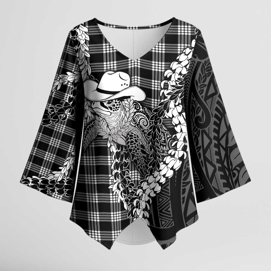 Black Hawaii Palaka Cowboy Turtle Kimono Sleeve Blouse Hawaiian Paniolo Puakenikeni Maile Lei