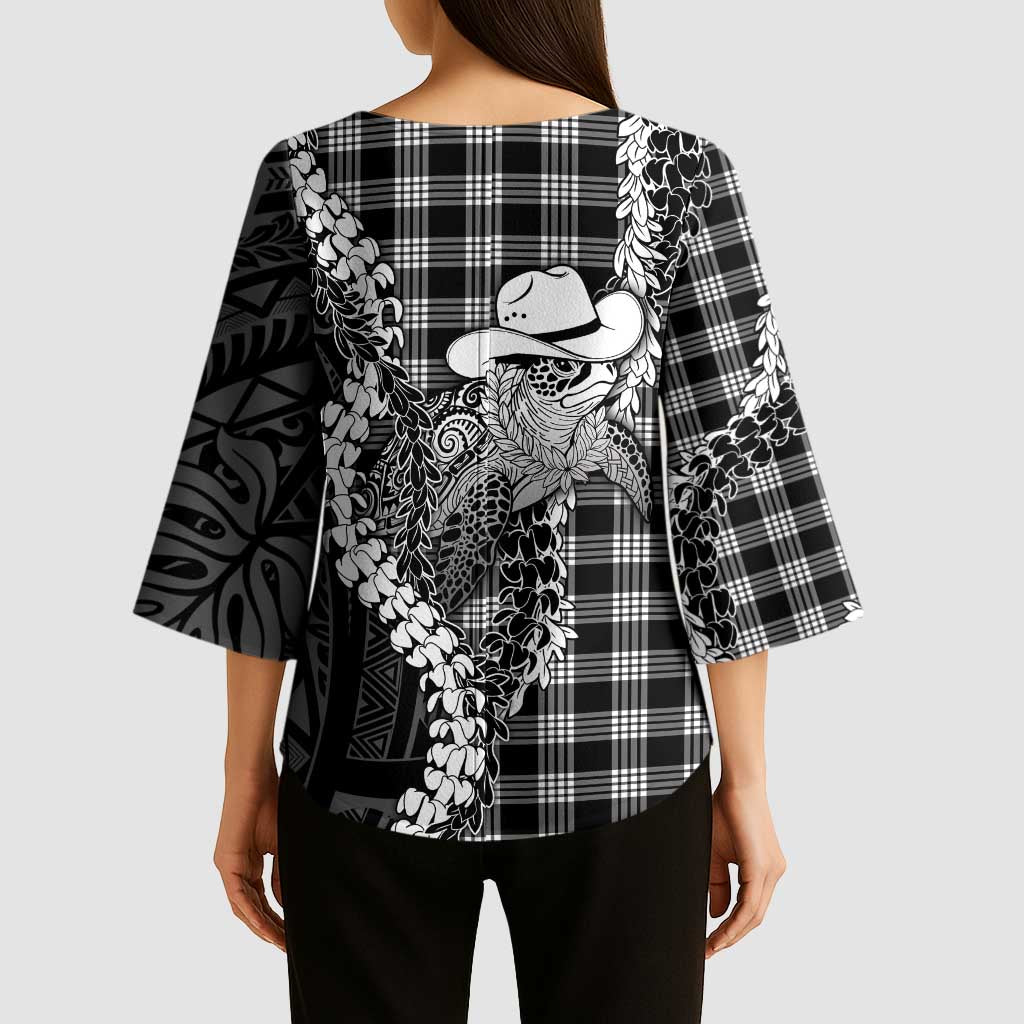 Black Hawaii Palaka Cowboy Turtle Kimono Sleeve Blouse Hawaiian Paniolo Puakenikeni Maile Lei DT05 - Polynesian Pride