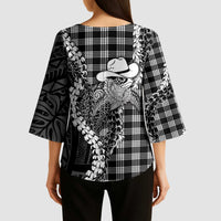 Black Hawaii Palaka Cowboy Turtle Kimono Sleeve Blouse Hawaiian Paniolo Puakenikeni Maile Lei DT05 - Polynesian Pride