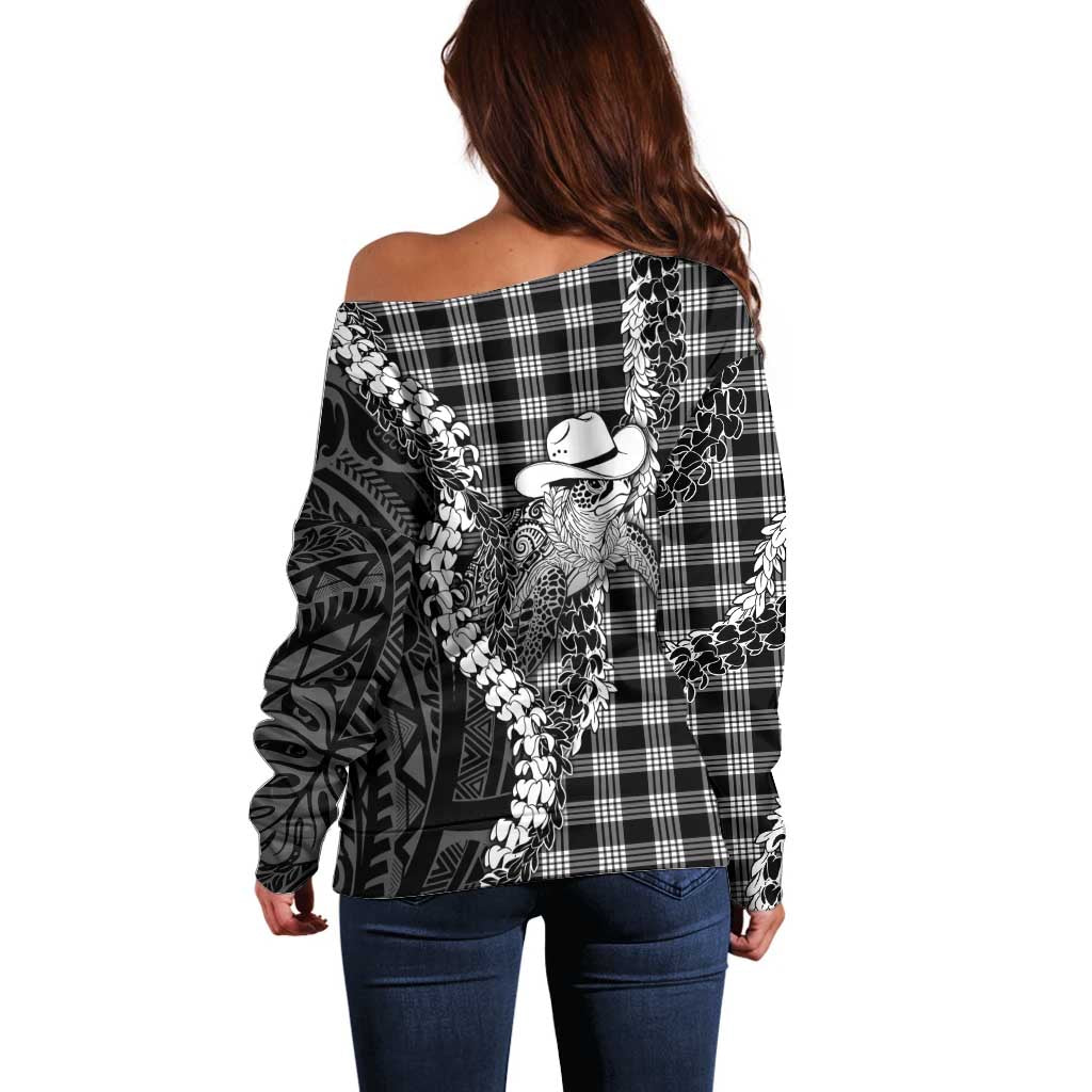 Black Hawaii Palaka Cowboy Turtle Off Shoulder Sweater Hawaiian Paniolo Puakenikeni Maile Lei DT05 - Polynesian Pride