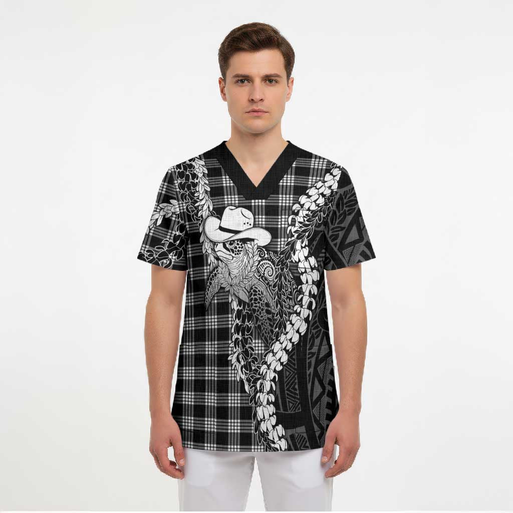 Black Hawaii Palaka Cowboy Turtle Scrub Top Hawaiian Paniolo Puakenikeni Maile Lei