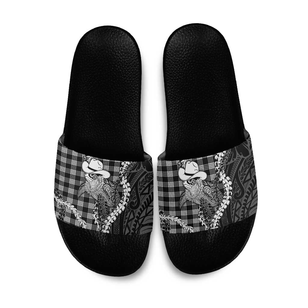 Black Hawaii Palaka Cowboy Turtle Slide Sandals Hawaiian Paniolo Puakenikeni Maile Lei DT05 Black - Polynesian Pride