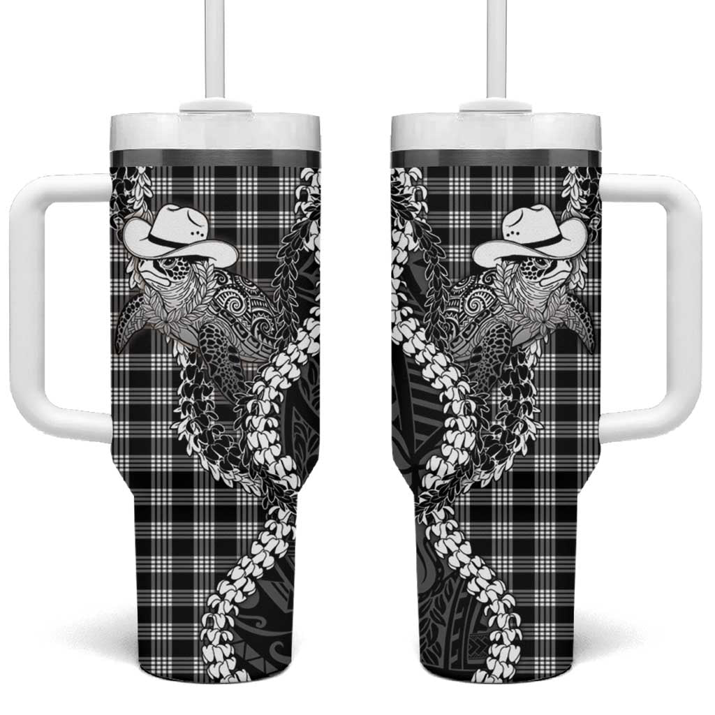 Black Hawaii Palaka Cowboy Turtle Tumbler With Handle Hawaiian Paniolo Puakenikeni Maile Lei DT05 One Size: 40 oz Black - Polynesian Pride