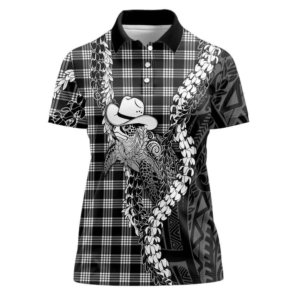 Black Hawaii Palaka Cowboy Turtle Women Polo Shirt Hawaiian Paniolo Puakenikeni Maile Lei DT05 Female Black - Polynesian Pride