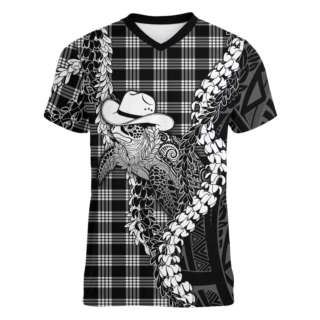 Black Hawaii Palaka Cowboy Turtle Women V-Neck T-Shirt Hawaiian Paniolo Puakenikeni Maile Lei DT05 Female Black - Polynesian Pride