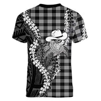Black Hawaii Palaka Cowboy Turtle Women V-Neck T-Shirt Hawaiian Paniolo Puakenikeni Maile Lei DT05 - Polynesian Pride