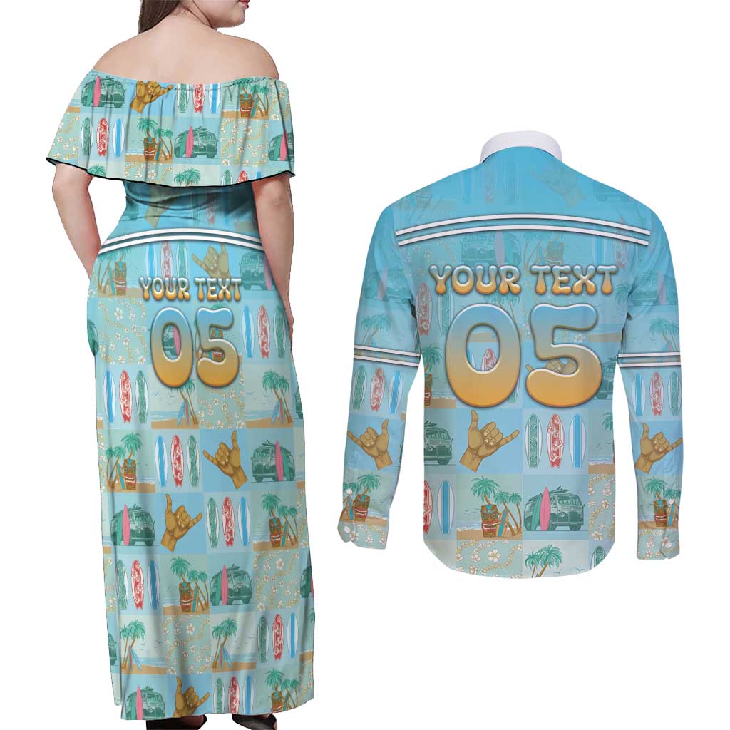 Custom Hawaii Surfing Couples Matching Off Shoulder Maxi Dress and Long Sleeve Button Shirt He'e Nalu