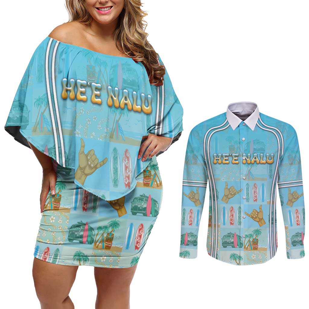 Custom Hawaii Surfing Couples Matching Off Shoulder Short Dress and Long Sleeve Button Shirt He'e Nalu