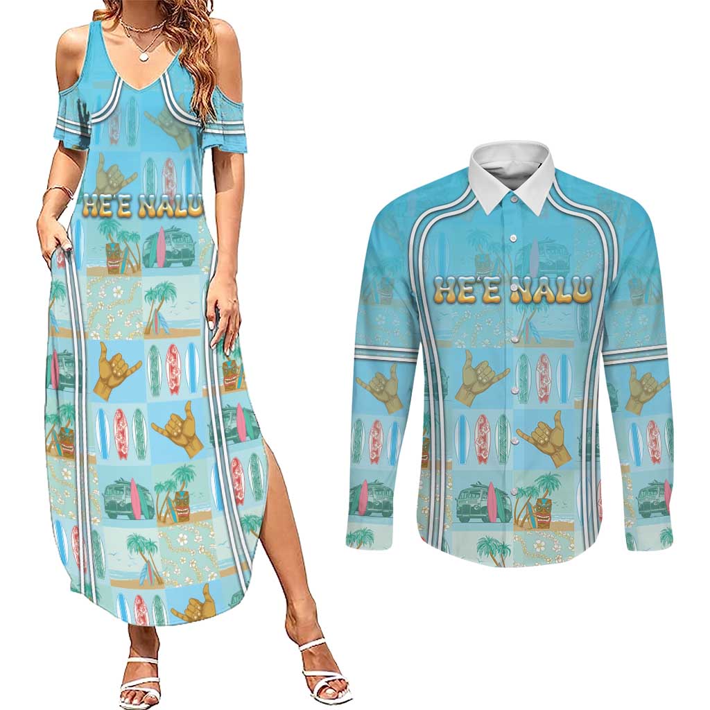 Custom Hawaii Surfing Couples Matching Summer Maxi Dress and Long Sleeve Button Shirt He'e Nalu DT05 Blue - Polynesian Pride