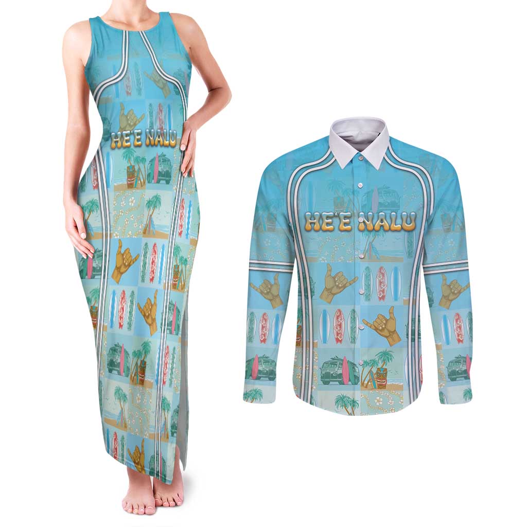 Custom Hawaii Surfing Couples Matching Tank Maxi Dress and Long Sleeve Button Shirt He'e Nalu DT05 Blue - Polynesian Pride