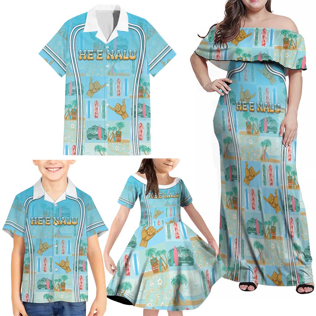 Custom Hawaii Surfing Family Matching Off Shoulder Maxi Dress and Hawaiian Shirt He'e Nalu