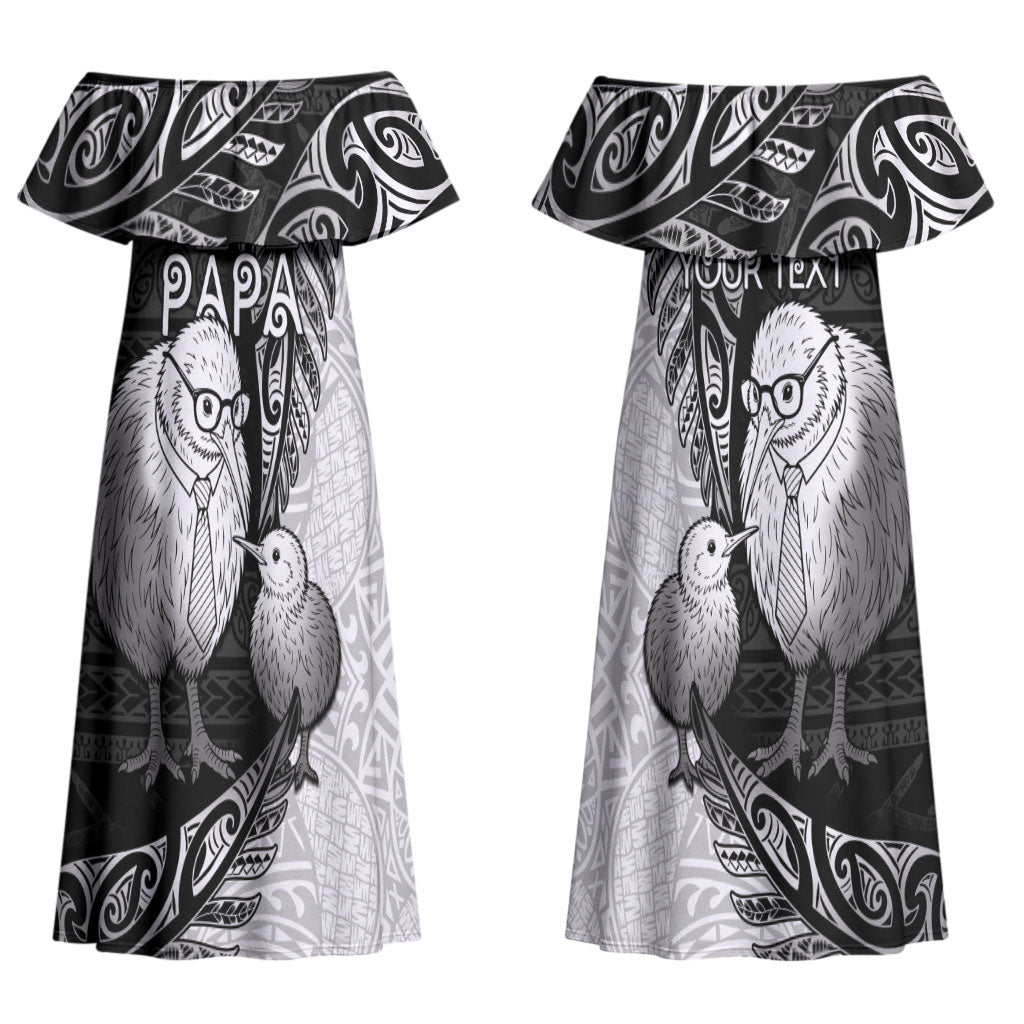 Personalised New Zealand Father's Day Couples Matching Off Shoulder Maxi Dress and Long Sleeve Button Shirt Papa Kiwi Bird Tribal Pattern DT05 - Polynesian Pride