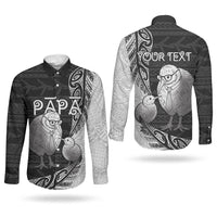 Personalised New Zealand Father's Day Couples Matching Off Shoulder Short Dress and Long Sleeve Button Shirt Papa Kiwi Bird Tribal Pattern DT05 - Polynesian Pride