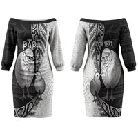 Personalised New Zealand Father's Day Couples Matching Off The Shoulder Long Sleeve Dress and Long Sleeve Button Shirt Papa Kiwi Bird Tribal Pattern DT05 - Polynesian Pride