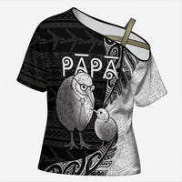 Personalised New Zealand Father's Day Cross Shoulder Shirt Papa Kiwi Bird Tribal Pattern DT05 Female Black - Polynesian Pride