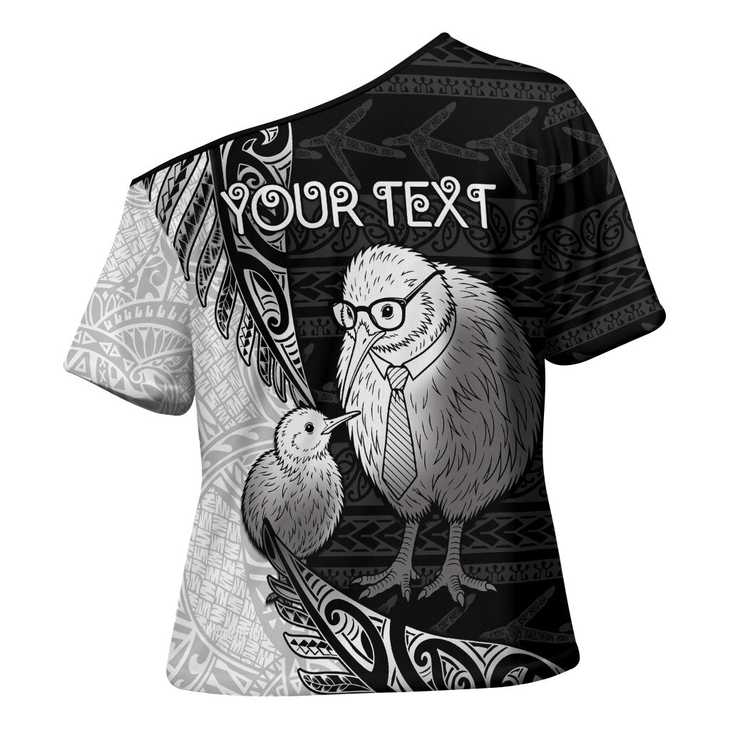 Personalised New Zealand Father's Day Cross Shoulder Shirt Papa Kiwi Bird Tribal Pattern DT05 - Polynesian Pride