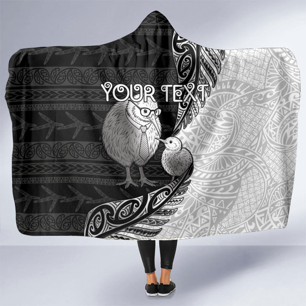 Personalised New Zealand Father's Day Hooded Blanket Papa Kiwi Bird Tribal Pattern DT05 One Size Black - Polynesian Pride