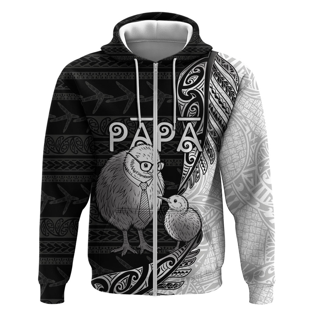 Personalised New Zealand Father's Day Hoodie Papa Kiwi Bird Tribal Pattern DT05 Zip Hoodie Black - Polynesian Pride
