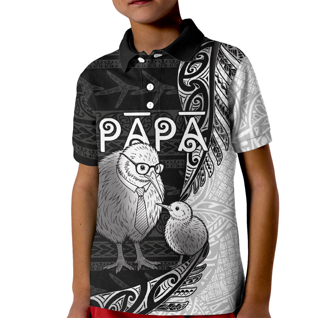 Personalised New Zealand Father's Day Kid Polo Shirt Papa Kiwi Bird Tribal Pattern DT05 Kid Black - Polynesian Pride