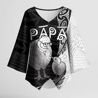 Personalised New Zealand Father's Day Kimono Sleeve Blouse Papa Kiwi Bird Tribal Pattern DT05 Female Black - Polynesian Pride