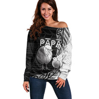 Personalised New Zealand Father's Day Off Shoulder Sweater Papa Kiwi Bird Tribal Pattern DT05 Women Black - Polynesian Pride