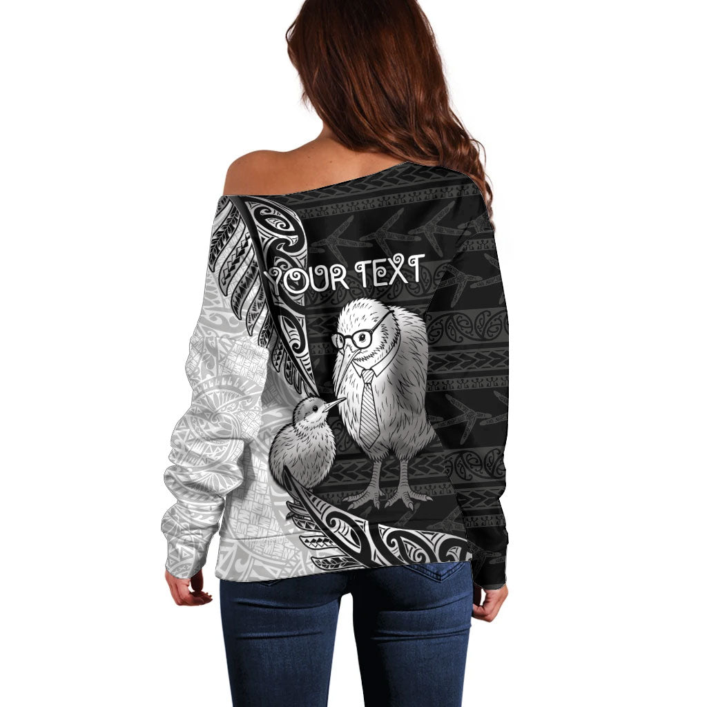 Personalised New Zealand Father's Day Off Shoulder Sweater Papa Kiwi Bird Tribal Pattern DT05 - Polynesian Pride