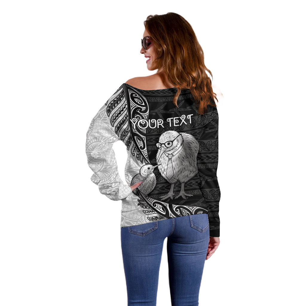 Personalised New Zealand Father's Day Off Shoulder Sweater Papa Kiwi Bird Tribal Pattern DT05 - Polynesian Pride