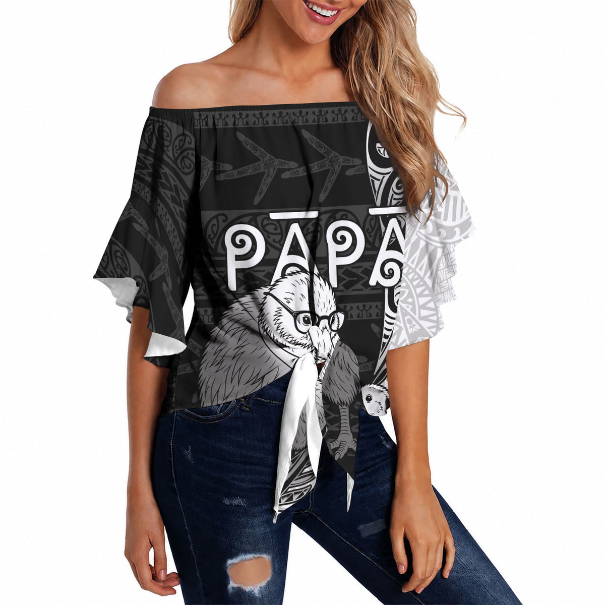Personalised New Zealand Father's Day Off Shoulder Wrap Waist Top Papa Kiwi Bird Tribal Pattern DT05 Black - Polynesian Pride