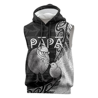 Personalised New Zealand Father's Day Sleeveless Hoodie Papa Kiwi Bird Tribal Pattern DT05 Black - Polynesian Pride