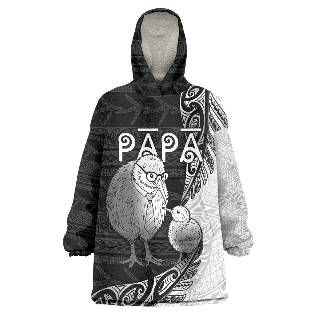 Personalised New Zealand Father's Day Wearable Blanket Hoodie Papa Kiwi Bird Tribal Pattern DT05 One Size Black - Polynesian Pride