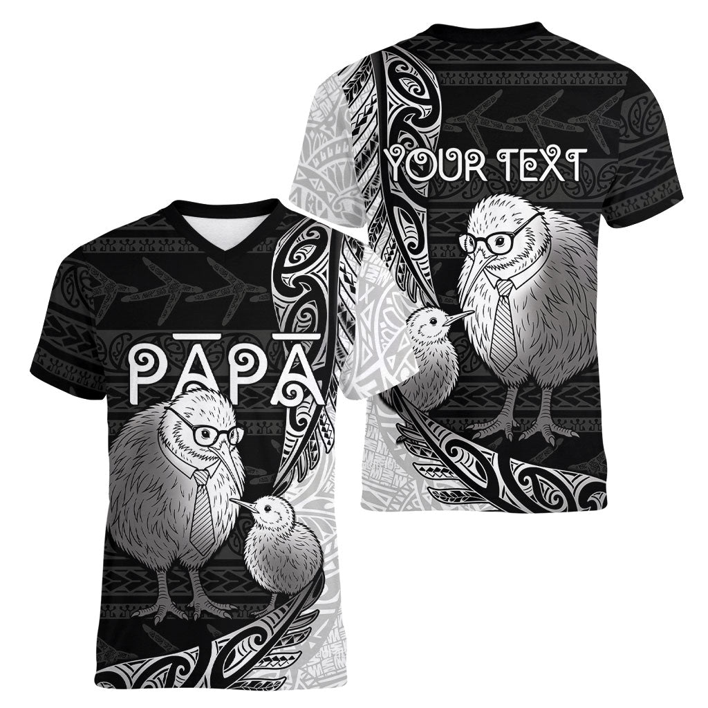 Personalised New Zealand Father's Day Women V-Neck T-Shirt Papa Kiwi Bird Tribal Pattern DT05 - Polynesian Pride