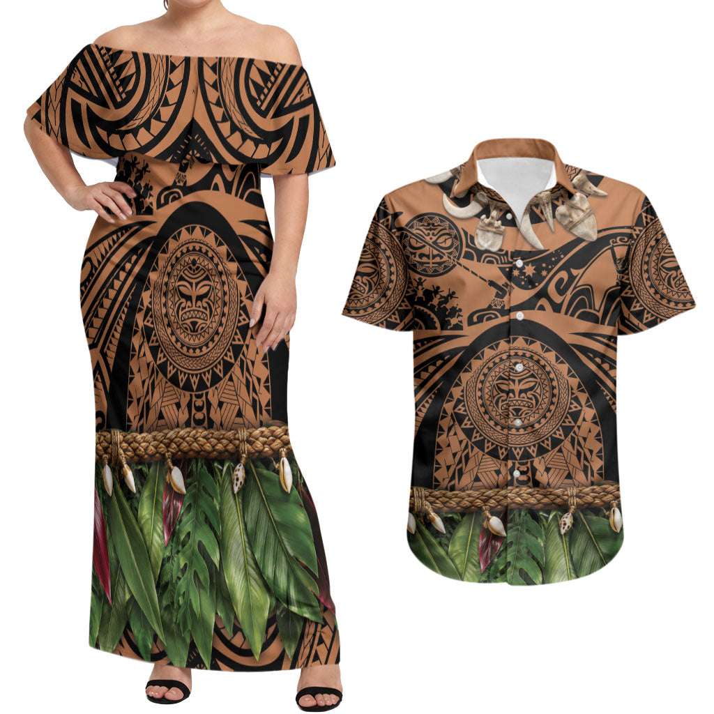 Polynesia Maui Tattoo Inspired Couples Matching Off Shoulder Maxi Dress and Hawaiian Shirt Tropical Leaf Skirt Costume