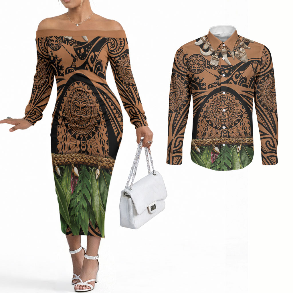 Polynesia Maui Tattoo Inspired Couples Matching Off The Shoulder Long Sleeve Dress and Long Sleeve Button Shirt Tropical Leaf Skirt Costume