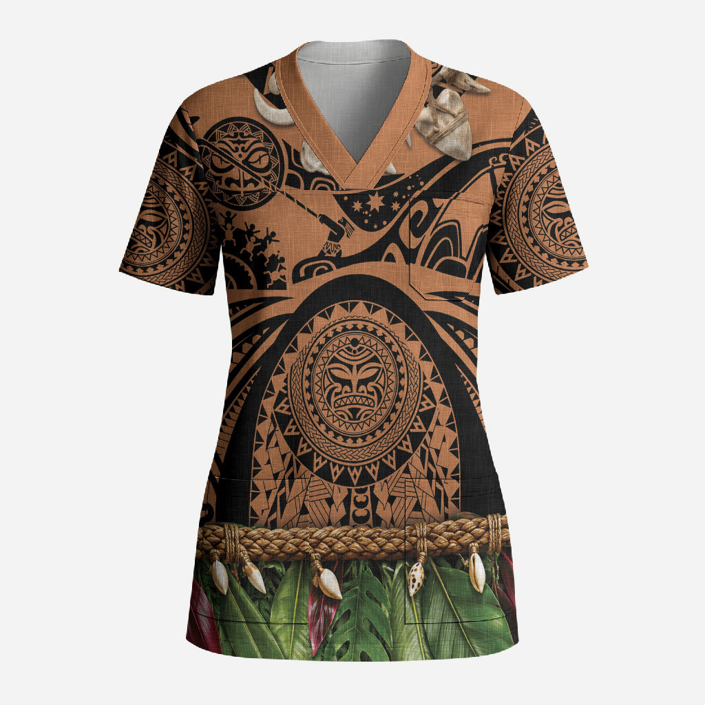Polynesia Maui Tattoo Inspired Scrub Top Tropical Leaf Skirt Costume DT05 Adult Beige - Polynesian Pride
