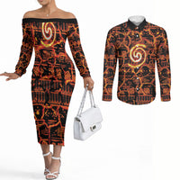 Polynesia Lava Monster Cosplay Couples Matching Off The Shoulder Long Sleeve Dress and Long Sleeve Button Shirt Fiery Glowing Volcano Crack Pattern