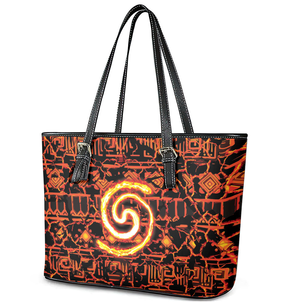Polynesia Lava Monster Cosplay Leather Tote Bag Fiery Glowing Volcano Crack Pattern