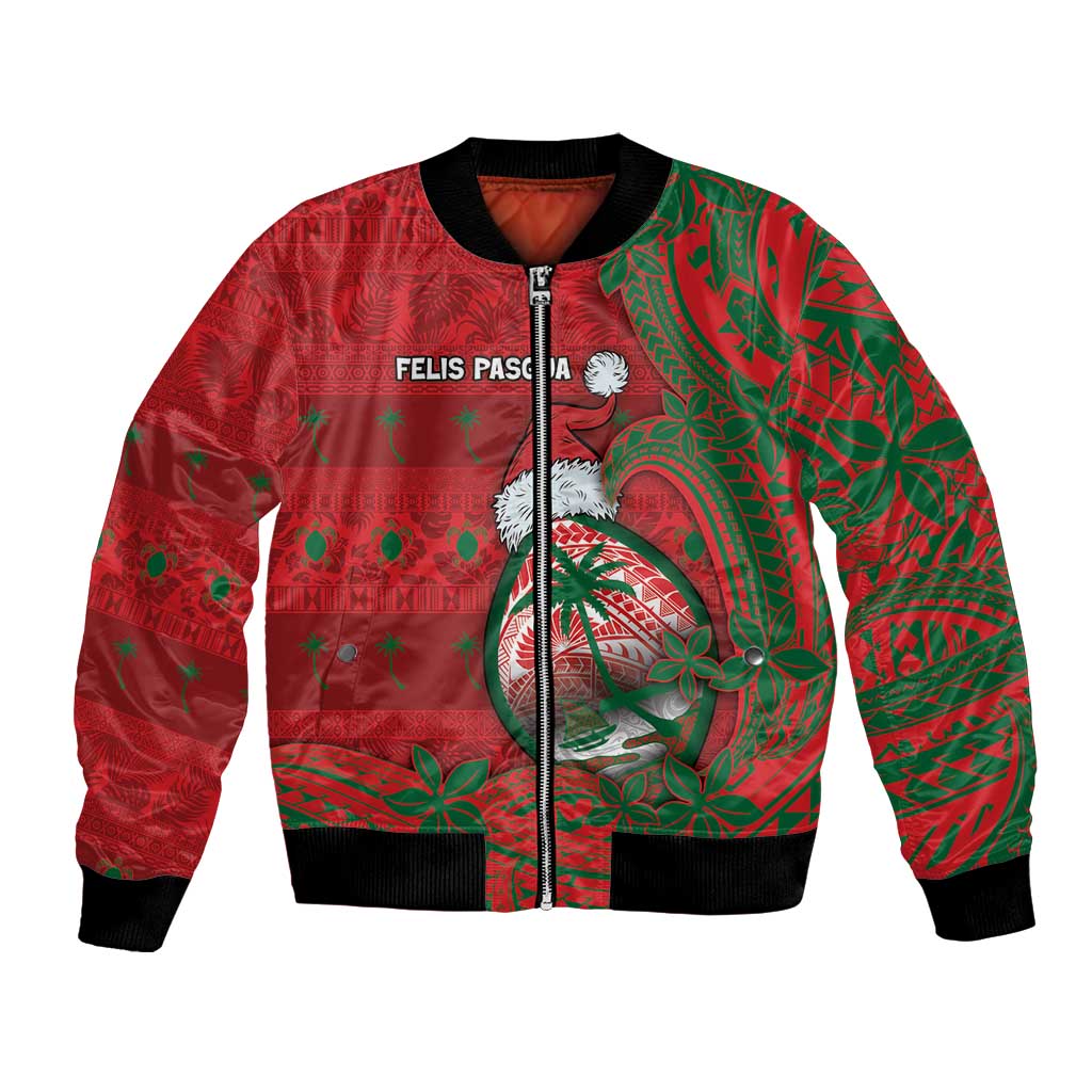 Guam Christmas Bomber Jacket Chamorro Seal Hat Santa Tribal Waves - Polynesian Pride