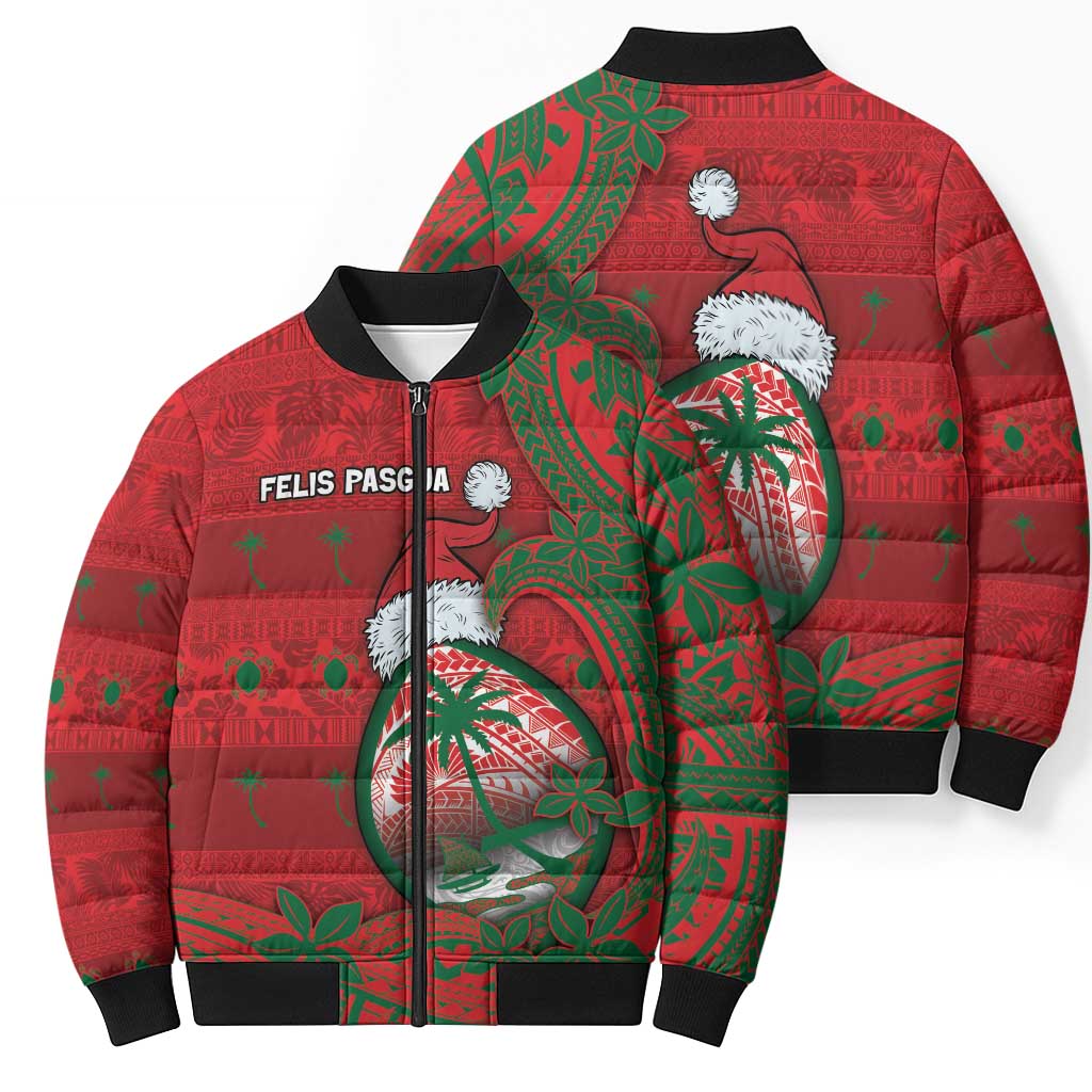 Guam Christmas Bomber Puffer Jacket Chamorro Seal Hat Santa Tribal Waves - Polynesian Pride