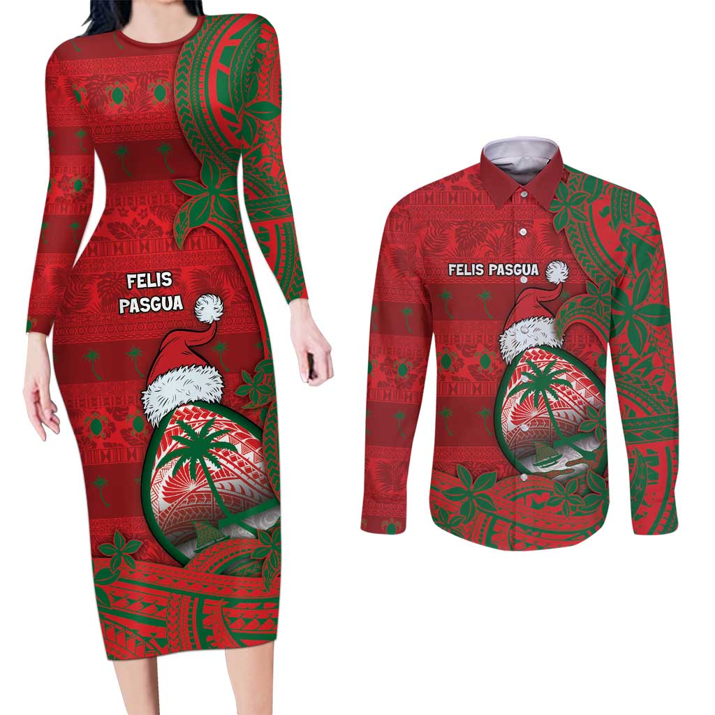 Guam Christmas Couples Matching Long Sleeve Bodycon Dress and Long Sleeve Button Shirt Chamorro Seal Hat Santa Tribal Waves DT05 Red - Polynesian Pride