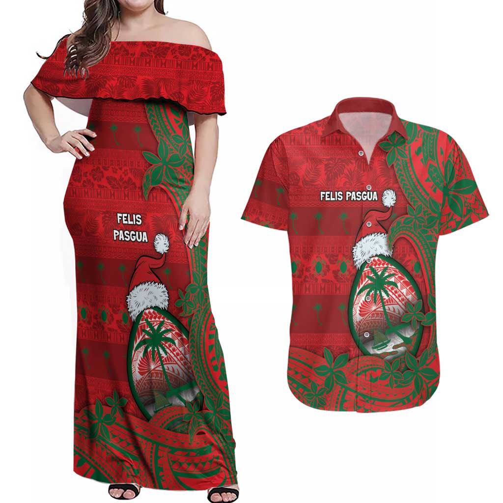 Guam Christmas Couples Matching Off Shoulder Maxi Dress and Hawaiian Shirt Chamorro Seal Hat Santa Tribal Waves - Polynesian Pride