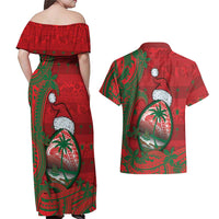 Guam Christmas Couples Matching Off Shoulder Maxi Dress and Hawaiian Shirt Chamorro Seal Hat Santa Tribal Waves DT05 - Polynesian Pride