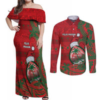 Guam Christmas Couples Matching Off Shoulder Maxi Dress and Long Sleeve Button Shirt Chamorro Seal Hat Santa Tribal Waves DT05 Red - Polynesian Pride